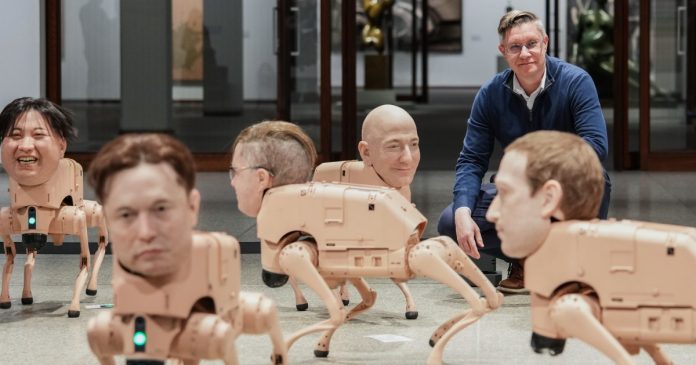 Robot dogs with Musk and Zuckerberg heads roam around Berlin museum in Beeple's new exhibit