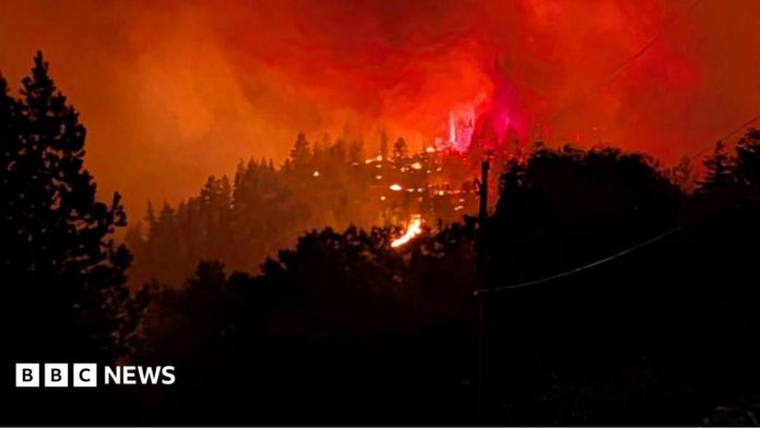 Red flames and smoke rising in night sky from hilly forest