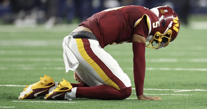 Commanders quarterback Jayden Daniels leaves game vs. Cowboys with elbow injury