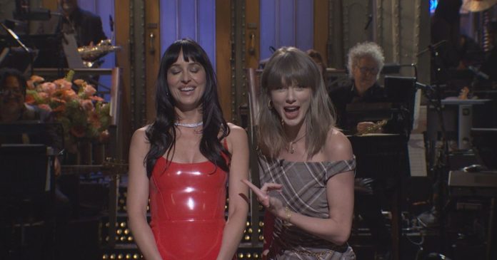 Taylor Swift pops into ‘SNL’ to joke around with host Dakota Johnson