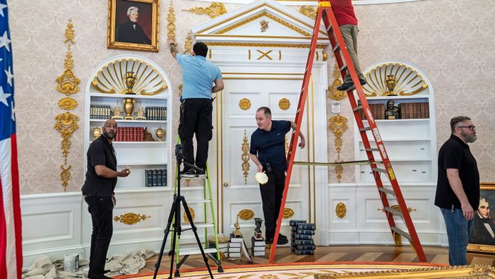 A replica Oval Office near the White House just got a new Trump makeover. Gold flourishes abound
